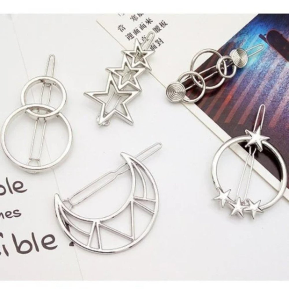 Silver Tone Moon Stars Geometric Shape Hair Clip Set of 5